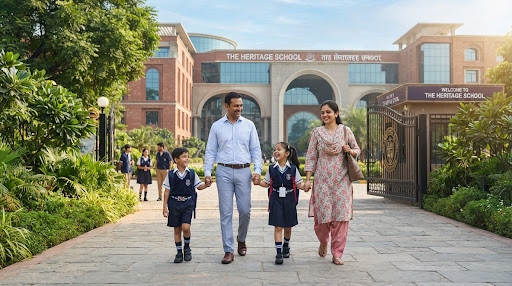 Indian parents and students walking into a prestigious Delhi school campus