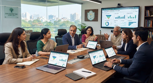 Modern executive conference room reviewing school admissions marketing performance